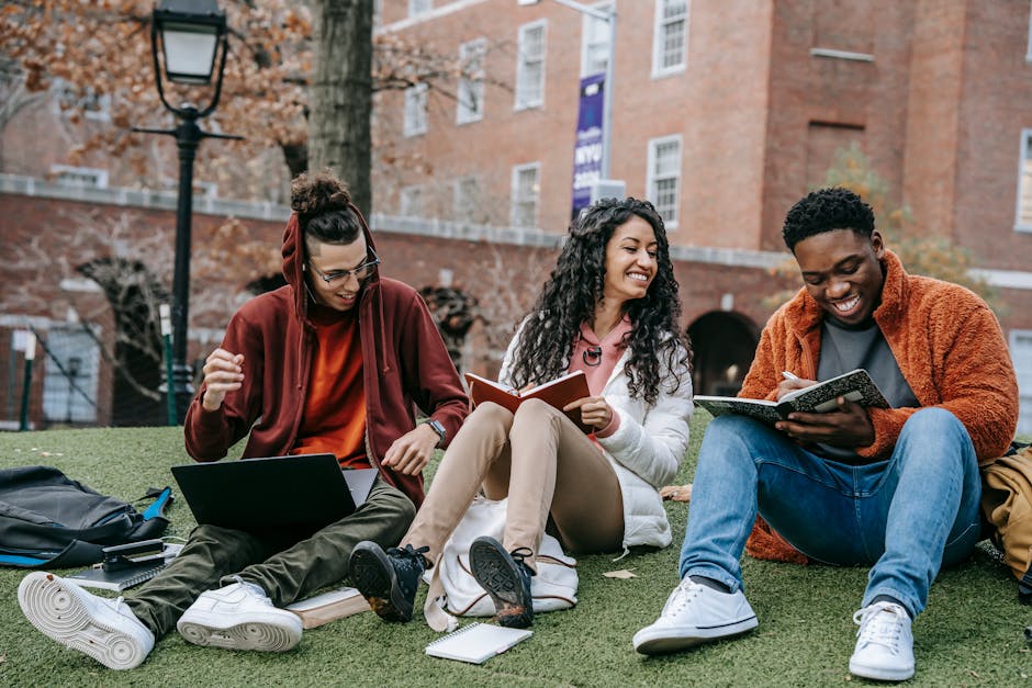 Happy students on campus lawn