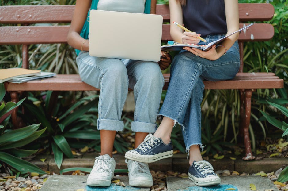 Two women collaborating on park bench